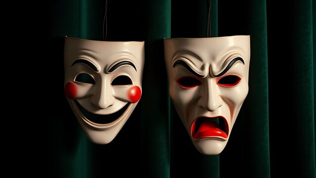 Two contrasting theatrical masks hanging against a deep green curtain.