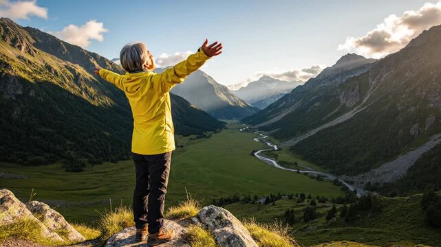 Senior woman in yellow jacket overlooking mountain valley at sunset