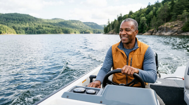 Black man piloting a motorboat across a scenic lake. Smiling male driver steering a small vessel on the water. Outdoor recreation and boating adventure concept