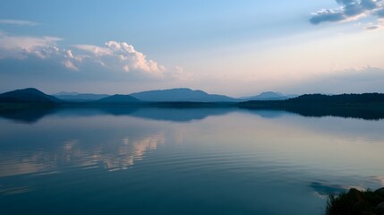 Fototapeta premium A serene lake mirrors distant mountains and soft clouds under a tranquil sky during twilight hours
