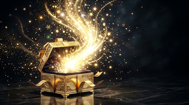 A magical vintage wooden treasure chest sitting on a dark surface with a brilliant golden light and sparkling dust particles erupting from inside