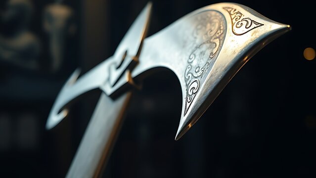 Close-up of a medieval halberd's axe blade and spear point in a museum.