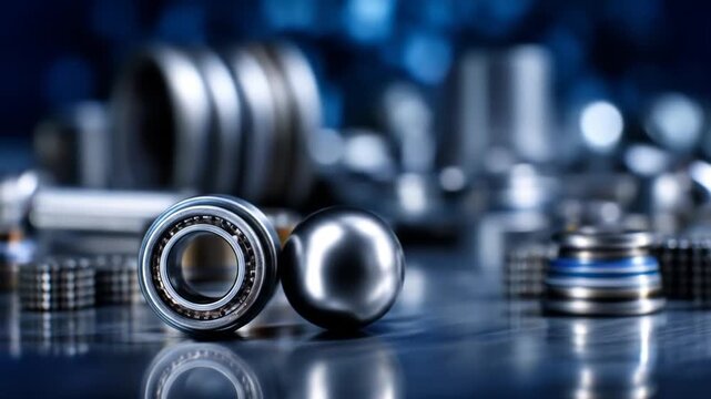 Close up of industrial bearings and metal spheres against a blurred background