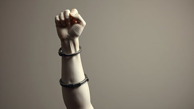 Classical sculpture of a raised forearm with a broken manacle, dramatic lighting against plain background.