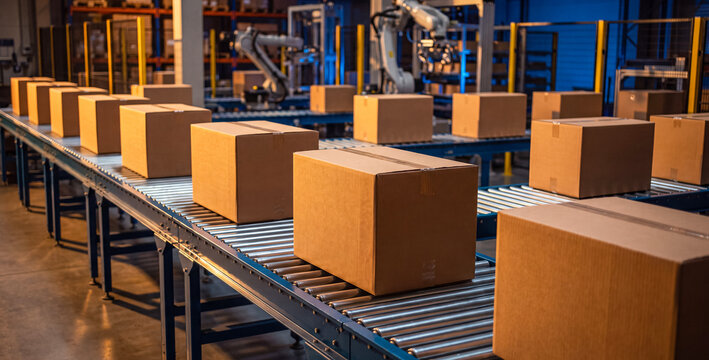 Cardboard boxes on conveyor belt in automated warehouse facility