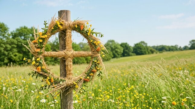 Summer solstice sun wheel symbol on a wooden post. Woven straw cross and flower wreath in a wildflower meadow. Midsummer pagan tradition and solar celebration concept
