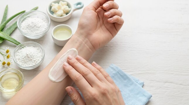 Applying natural sunscreen cream on skin. Close up of arm with skincare ingredients on a white wooden table. Organic sun protection and cosmetic formulation concept
