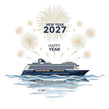 Luxury Cruise Ship Sailing on Ocean with Fireworks for New Year 2027 Celebration