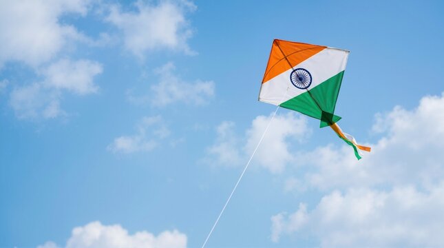 Indian tricolour kite flying high in the blue sky. Saffron white and green kite with Ashoka Chakra for Indian Independence Day celebration