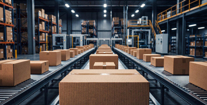 Cardboard boxes on conveyor belts in warehouse