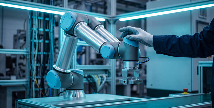 Collaborative robot arm working with human operator in factory