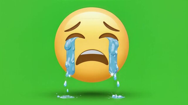 Crying three dimensional emoji face with tears on green screen
