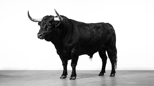Powerful black bull standing on transparent background with detailed horns.