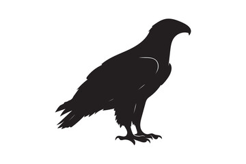 Fototapeta premium This is a clean, modern black silhouette vector icon of an eagle perched in profile with sharp talons and a hooked beak, presented on a plain white background.