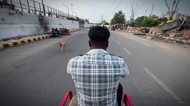 Rear view of an auto rickshaw driver traveling along a wide city highway, highlighting public transportation, urban mobility, and daily commuting in India.