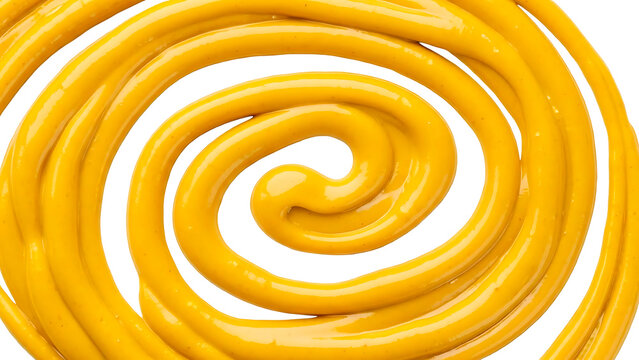  AI ​​generated vibrant yellow mustard sauce with a circular spiral pattern and small drops around the edges, isolated on a clean white background.
