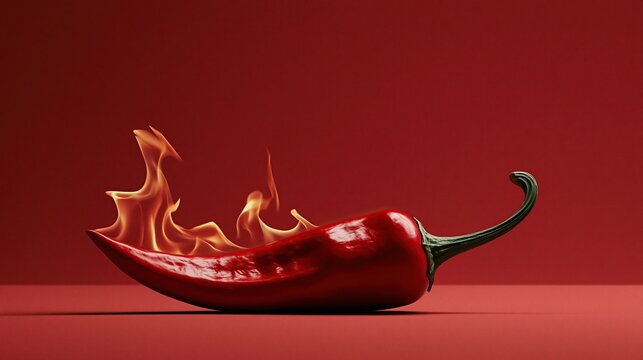Fresh ripe red chili pepper with stylized fire flame behind it against solid red background shows creative artistic concept of spicy hot food and extreme chili heat