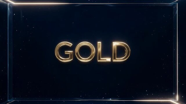 Golden word GOLD floating in abstract glass cube with subtle particle effects during a cinematic reveal