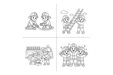 Fototapeta premium Firefighters In Action A 2x2 Grid Of Black And White Vector Illustrations firefighter fireman firemen rescue