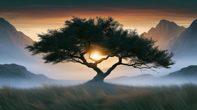 Silhouette of large twisted double trunk lone tree on grassy hill with setting sun glowing behind it against misty mountain range shows beautiful dramatic sunset natural landscape