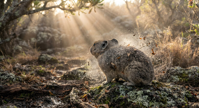 Pika shaking off water in a sunlit mountain landscape