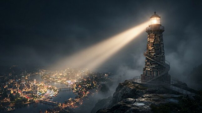 Lighthouse beam illuminates coastal city at night with dramatic sky
