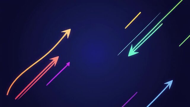 Neon arrows ascend against a dark gradient background with subtle light flares suggesting progress and success