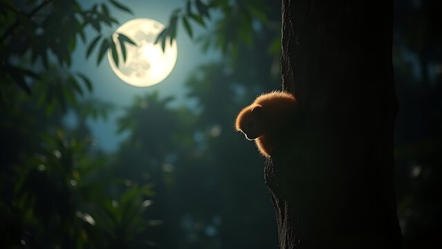 Moonlight through jungle canopy illuminates a small potto on a tree trunk.