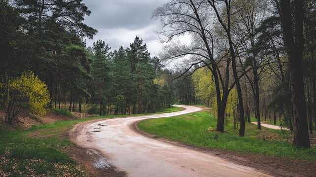 Winding forest road through trees on an overcast day with patches of grass and dirt surface