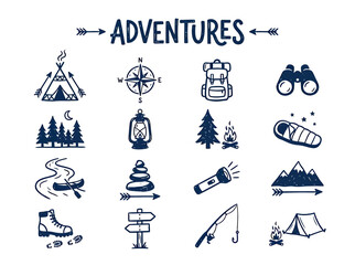 Fototapeta premium Hand-Drawn Adventure and Camping Icons Set