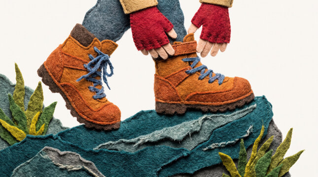 Person wearing hiking boots while climbing over rocky terrain  