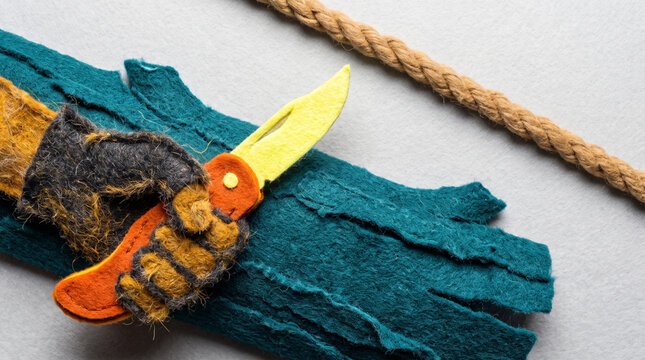 Hand holding a pocket knife on a log with rope in background  