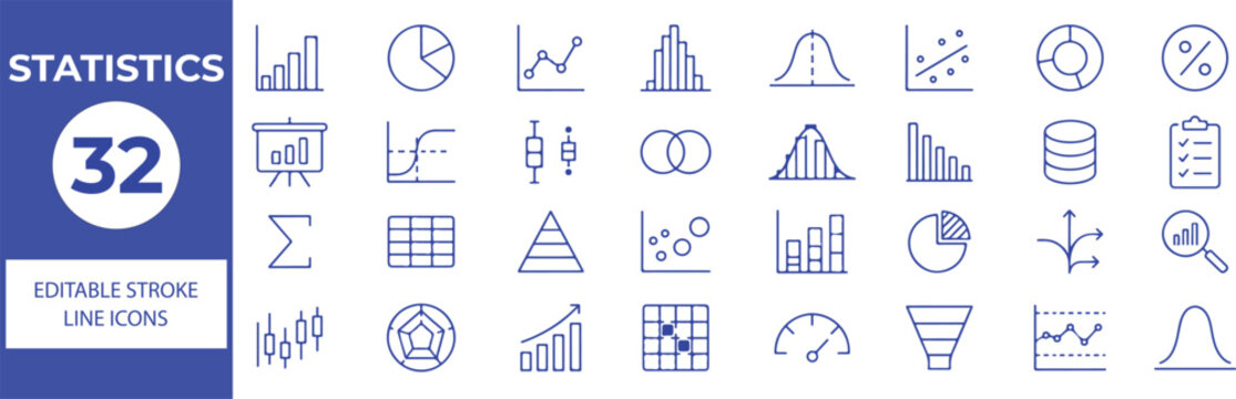 32 Statistics Vector Outline Icons Set,Data Analytics, Charts, Graphs, Dashboard and Business Line Symbols Collection