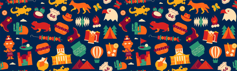 Fototapeta premium Arizona Geometric Icons and Seamless Pattern with Travel Symbols, Modern Vector Background