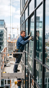 Professional glazier installing glass panel on high-rise curtain wall facade