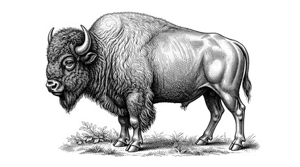 Vintage engraved style illustration of american bison standing in grassy field landscape. © Mehedi