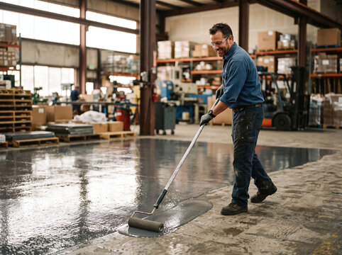 Worker applying grey epoxy resin coating to an industrial warehouse floor.