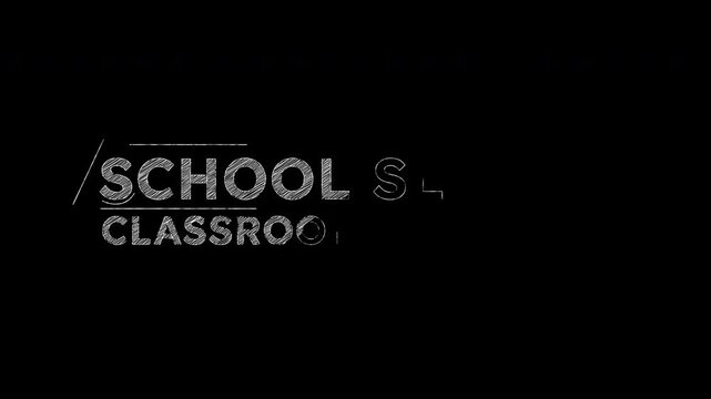 School Season Classroom Comeback. 4K animated handwritten text reveal, playful scribble effect. Concept for education, broadcast, title, lettering, kinetic typography with alpha channel transparency.