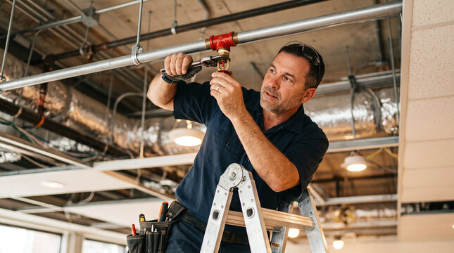 Professional technician installing a fire sprinkler head on a ceiling pipe