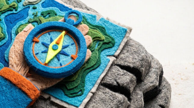 Felt compass resting on textured map laying on rock surface  