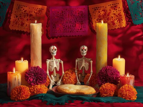 Dia de los Muertos offering setup shows candles, skeletons, and flowers in colorful display for honoring the dead