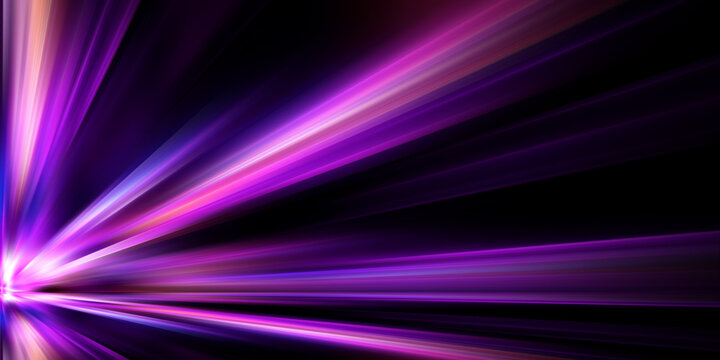 Neon purple speed rays on the dark asphalt, velocity light neon purple pink flow, zoom in motion effect, purple glow speed lines, colorful light trails, stripes on black background