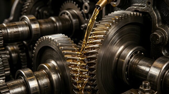 Industrial machinery gears being lubricated with oil in a factory setting
