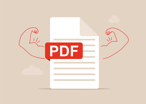 PDF file doing strong gesture. Strong document. Power. High esteem. Luck for success, blessing for work opportunity, chance, happiness. Downloading document concept. Flat vector illustration