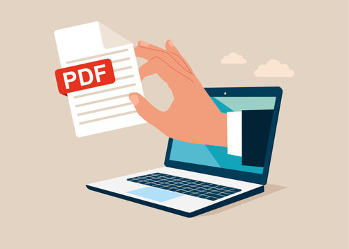 Pdf file on a laptope. Electronic document. Downloading document concept. Flat vector illustration
