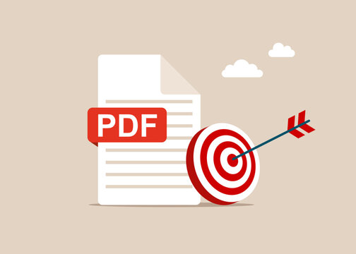 PDF icon file with target and dart. Business strategy. Downloading document concept. Flat vector illustration