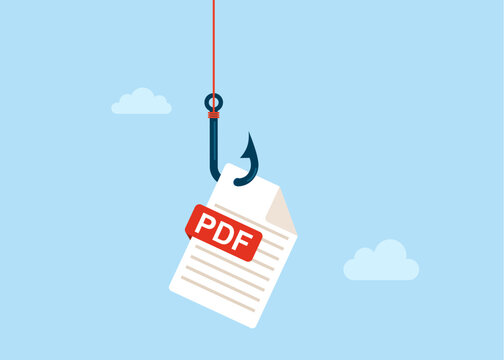 Download PDF icon file on hook. Online scam and steal Information Hacking. Technology of ideas. Downloading document concept. Modern vector illustration in flat style