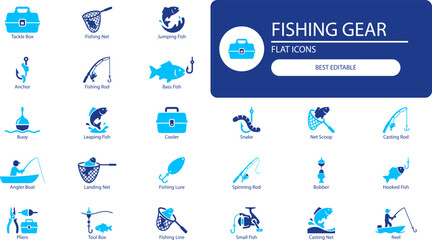 Fishing gear icons set. Bold glyph collection of rod, fish, hook, net and tackle for outdoor design © MdRajon