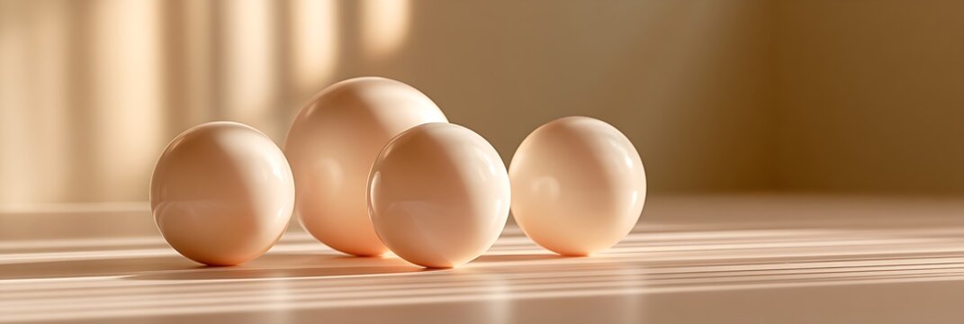 Four smooth spheres in warm sunlight on a reflective surface