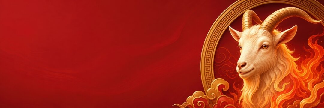 White fire goat mascot for Chinese New Year. Zodiac animal portrait with golden horns and flames on red background. Lunar New Year banner with copy space